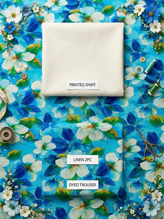 Blue Floral Printed Linen 2PC Suit