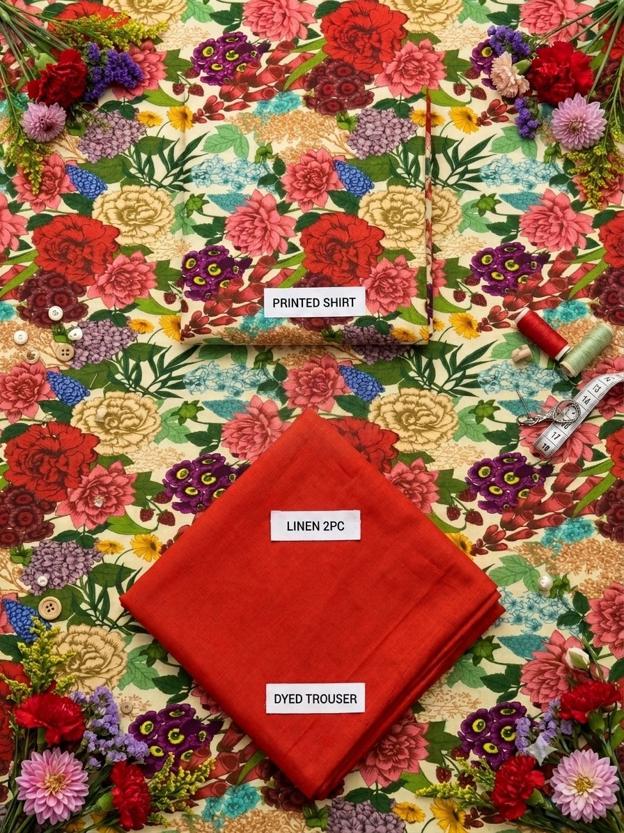 Vibrant Floral Printed Linen 2-Piece Suit with Red Dyed Trouser