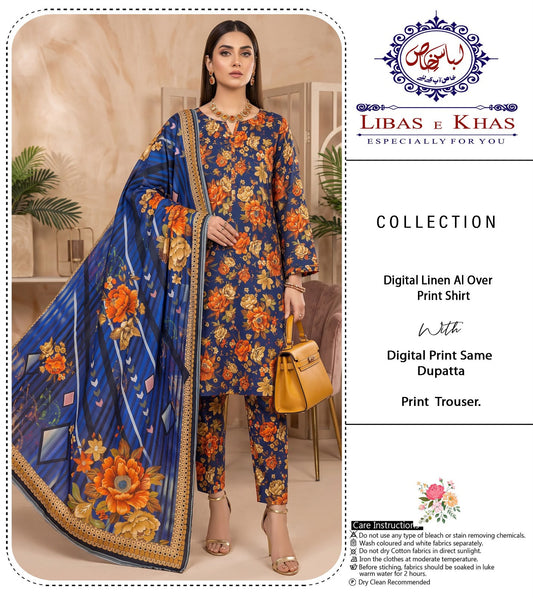 Digital Linen All Over Printed 3-Piece Suit (Navy Blue)