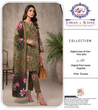 Olive Green Digital Linen 3-Piece Unstitched Suit with Printed Dupatta & Trouser