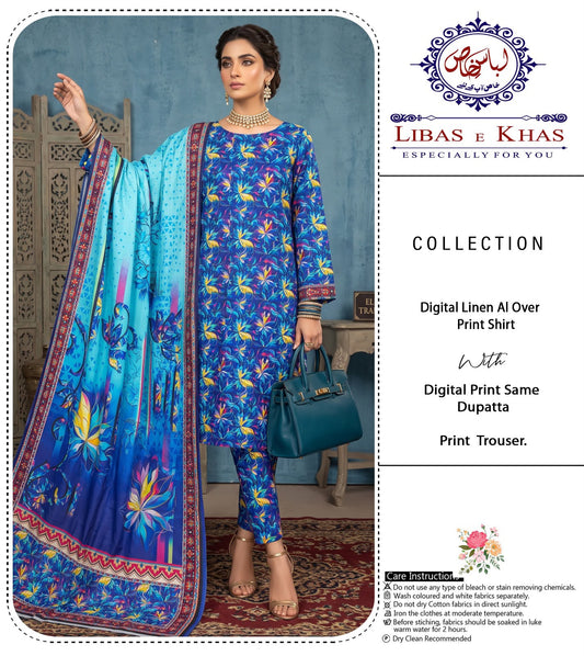 Royal Blue Floral Digital Linen 3-Piece Unstitched Suit with Printed Dupatta & Trouser