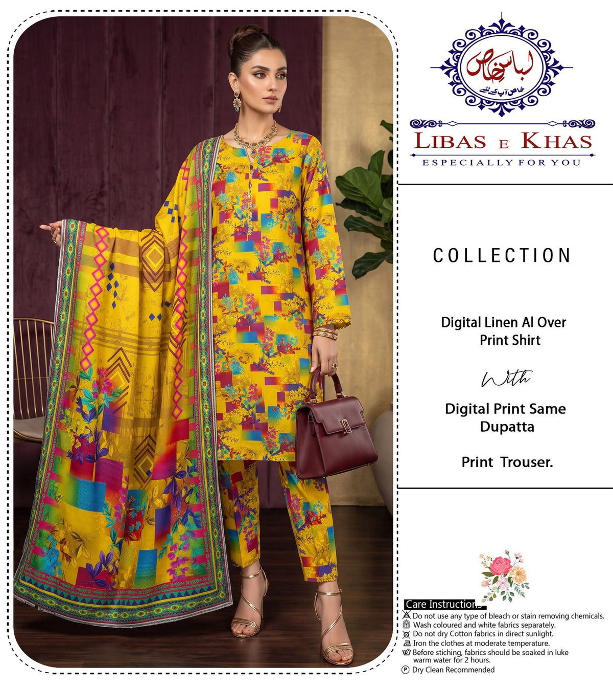 Digital Linen All Over Printed 3-Piece Suit (Mustard Yellow)
