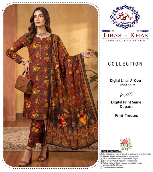 Digital Linen All Over Printed 3-Piece Suit (Maroon / Dark Brown)