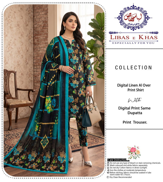 Black & Teal Digital Linen 3-Piece Unstitched Suit with Printed Dupatta & Trouser