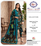 Black & Teal Digital Linen 3-Piece Unstitched Suit with Printed Dupatta & Trouser
